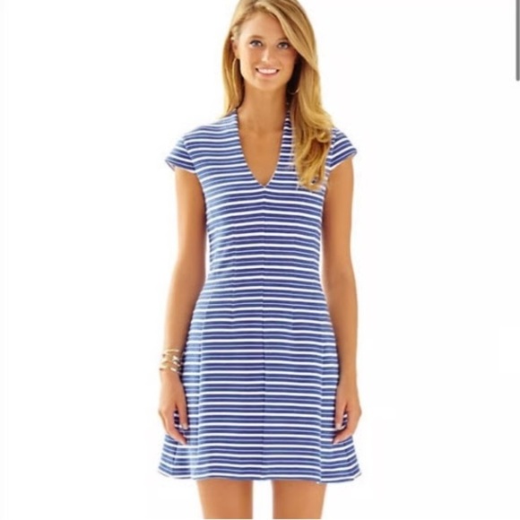 Lilly Pulitzer bree bay Blue Striped Midi Dress v neck fit and flare - Picture 2 of 13